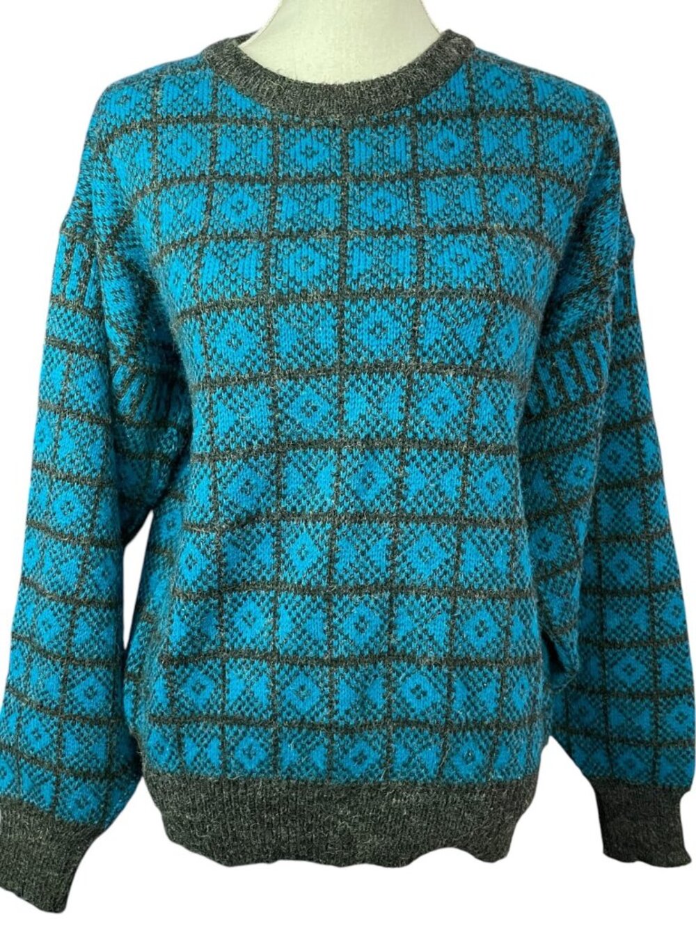 Teal Geometric Chunky Sweater M Blue Gray Diamond Crew Neck Tribal Knit VTG